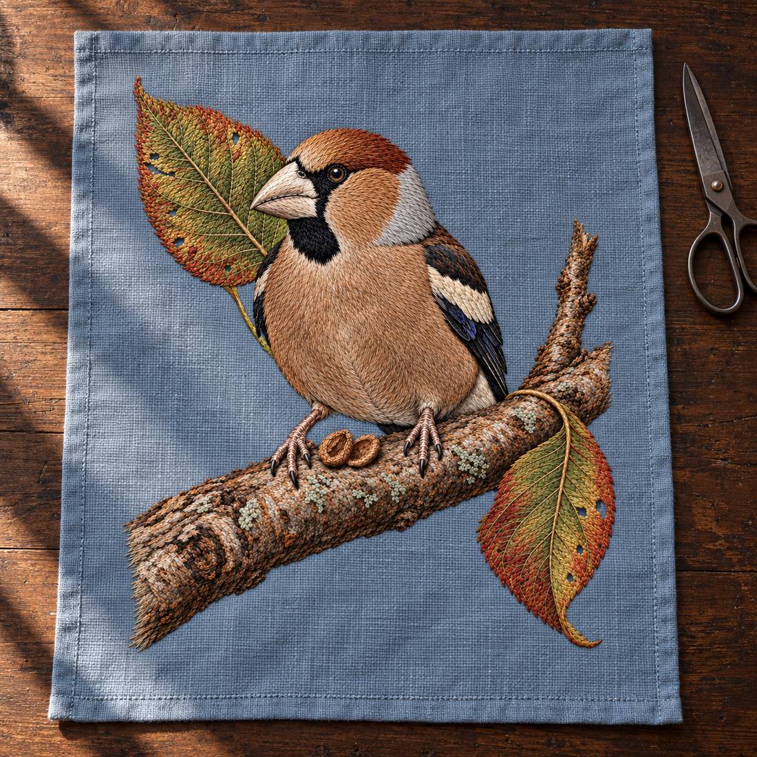 Hawfinch at the Cracked Cherry Stone visual mockup shown as a textile panel on a stone platform, with the design on muted pale blue-grey linen.