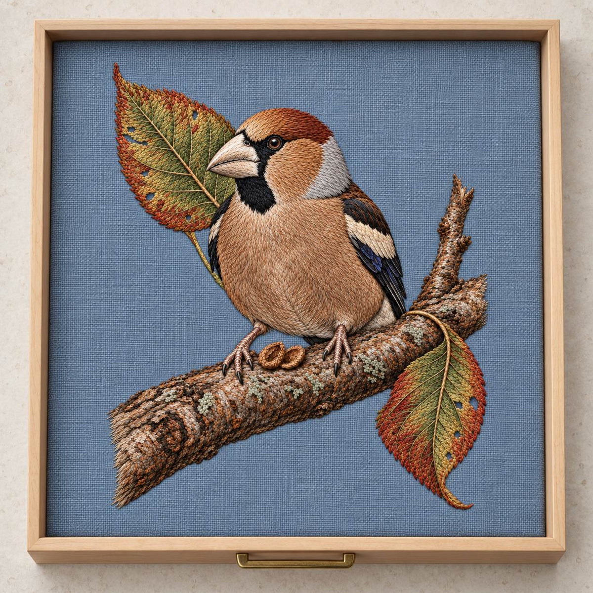 Hawfinch at the Cracked Cherry Stone visual mockup shown as a textile panel in a collection tray, with the design on muted pale blue-grey linen.