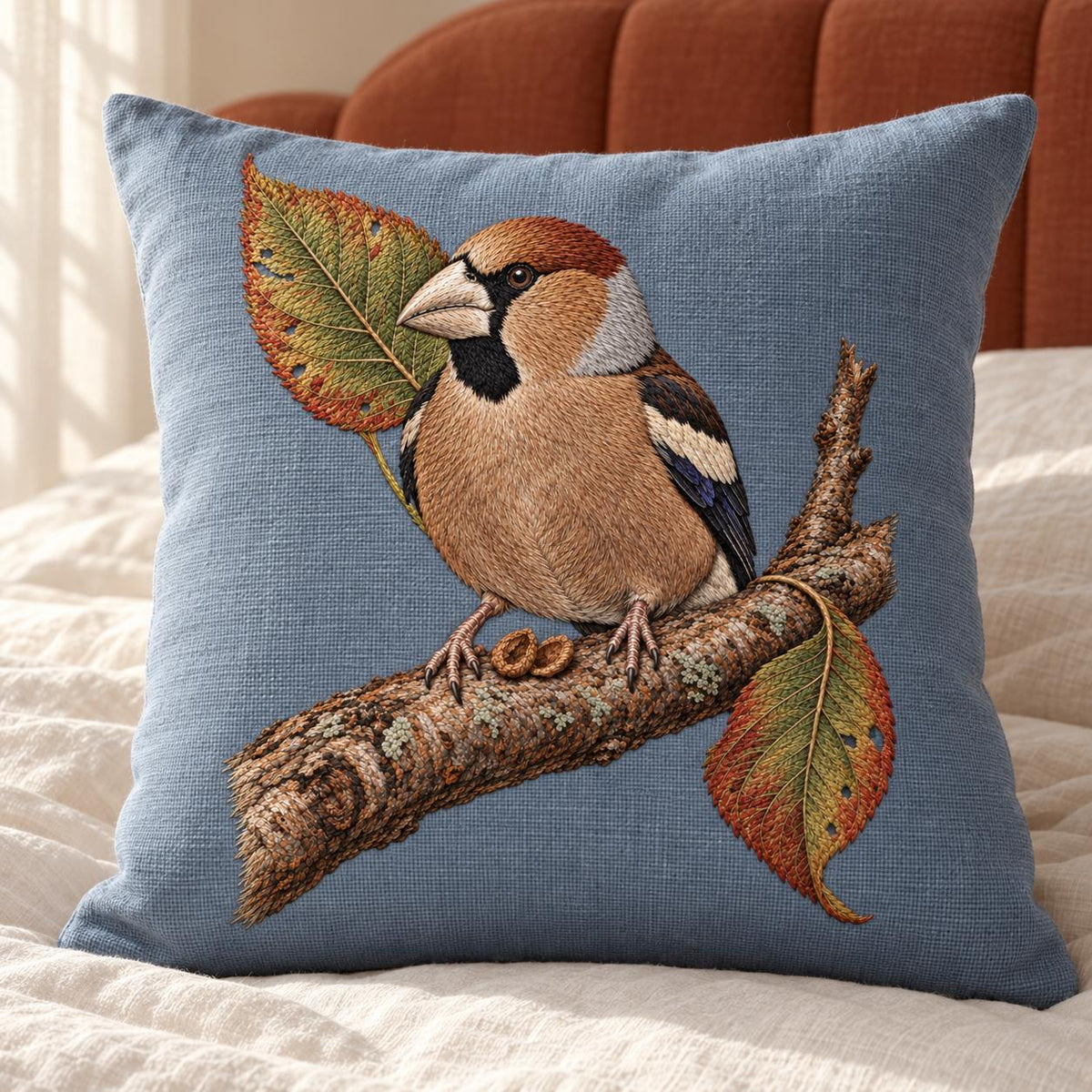 Hawfinch at the Cracked Cherry Stone visual mockup shown on a cushion beside a window, with the design on muted pale blue-grey linen.