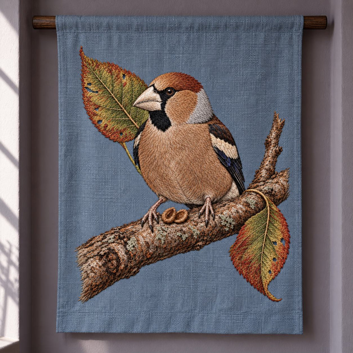 Hawfinch at the Cracked Cherry Stone visual mockup shown as a hanging textile held by wooden rails, with the design on muted pale blue-grey linen.