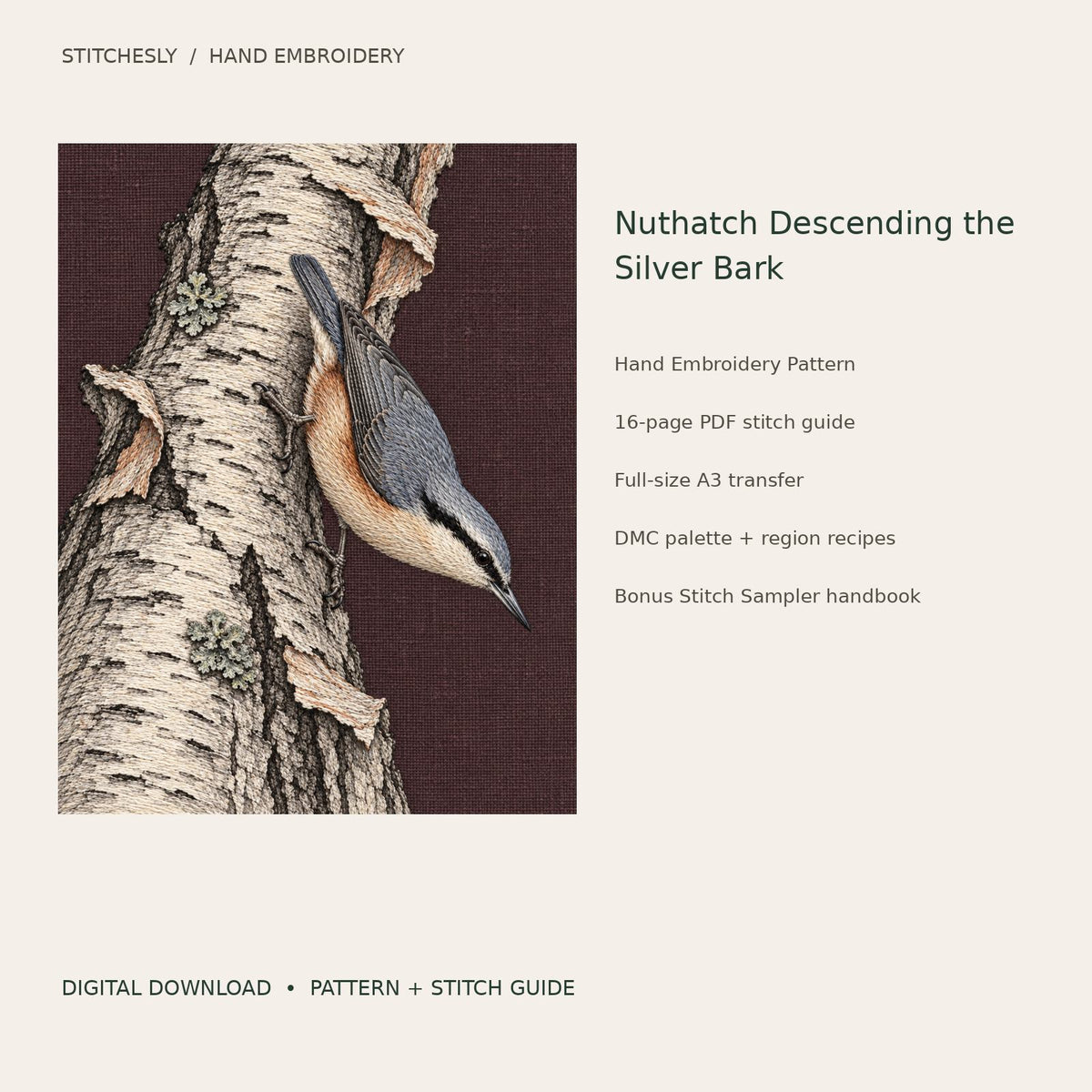 Nuthatch Descending the Silver Bark: digital hand embroidery pattern cover with artwork and included files