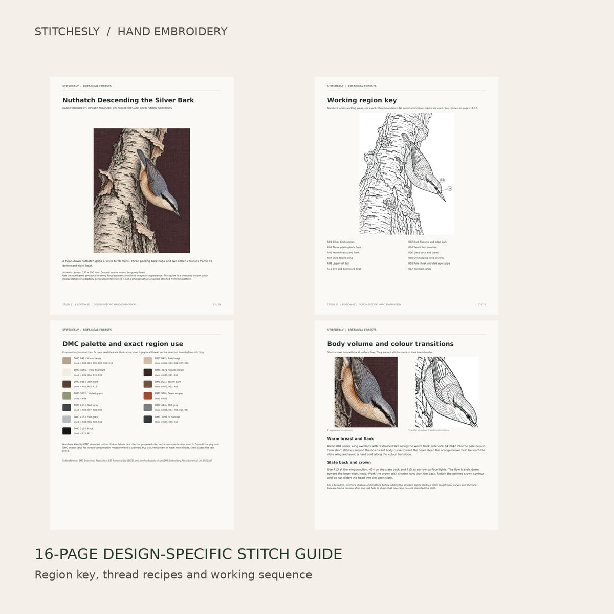 Nuthatch Descending the Silver Bark: preview of the 16-page stitch guide, region key, DMC palette and stitching instructions