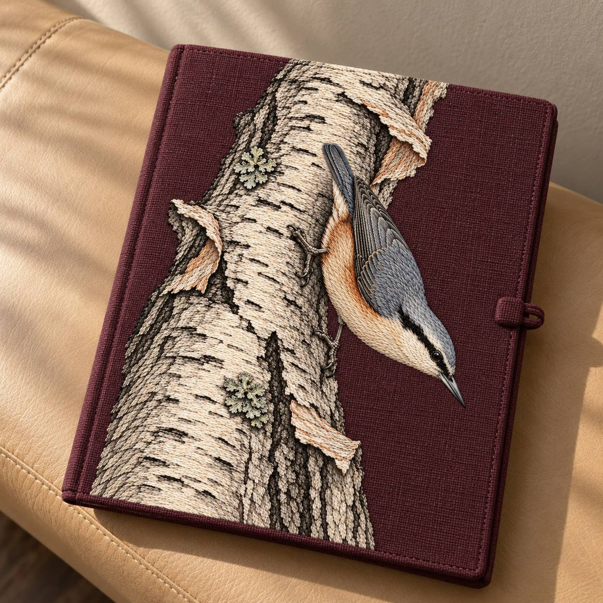 Nuthatch Descending the Silver Bark visual mockup shown on a cloth portfolio cover, with the design on muted burgundy linen.