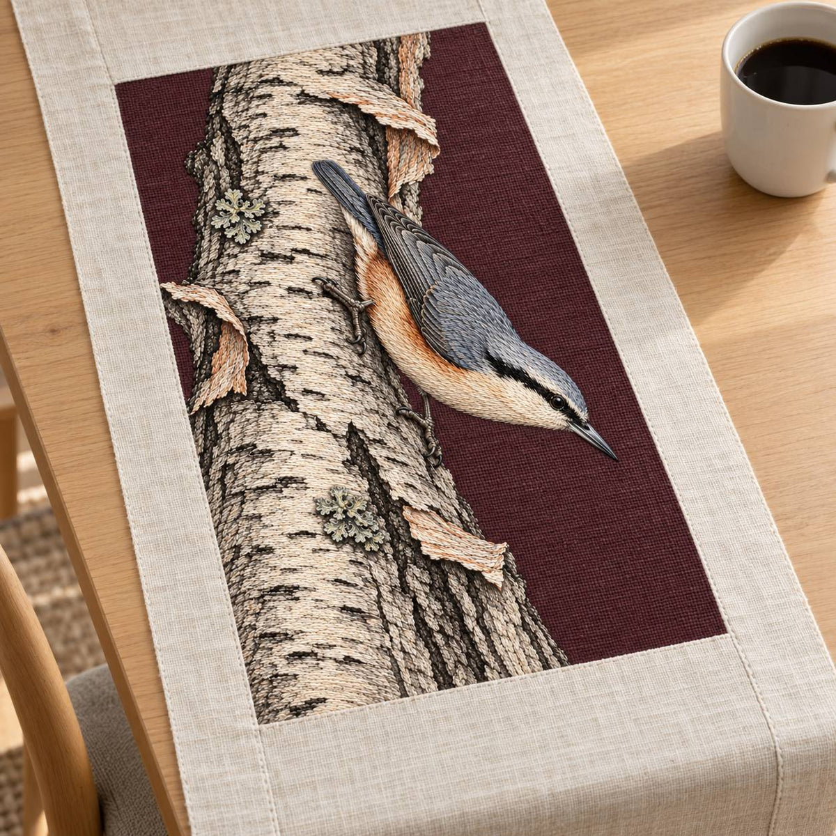 Nuthatch Descending the Silver Bark visual mockup shown on a textile runner over a console, with the design on muted burgundy linen.