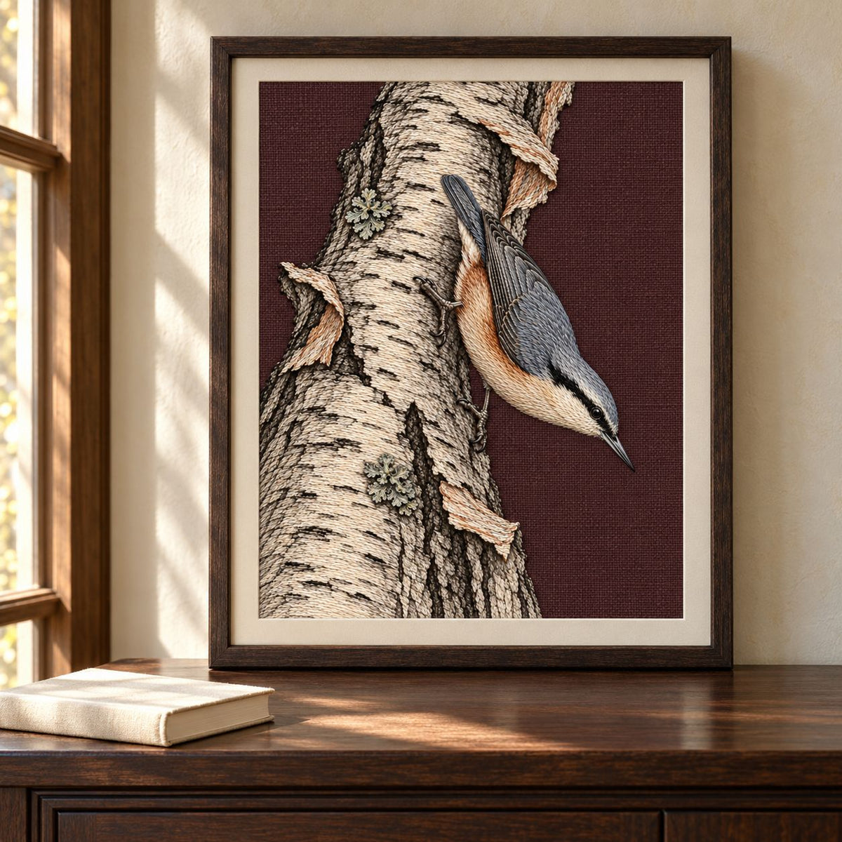 Nuthatch Descending the Silver Bark visual mockup shown as a framed textile in a gallery niche, with the design on muted burgundy linen.