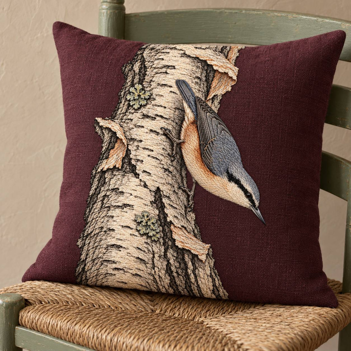 Nuthatch Descending the Silver Bark visual mockup shown on a cushion in a lounge chair, with the design on muted burgundy linen.
