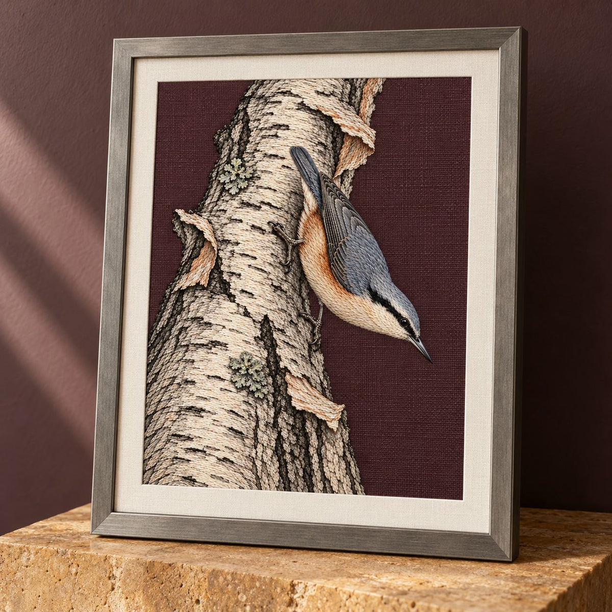 Nuthatch Descending the Silver Bark visual mockup shown in a frame leaning on a mantel, with the design on muted burgundy linen.