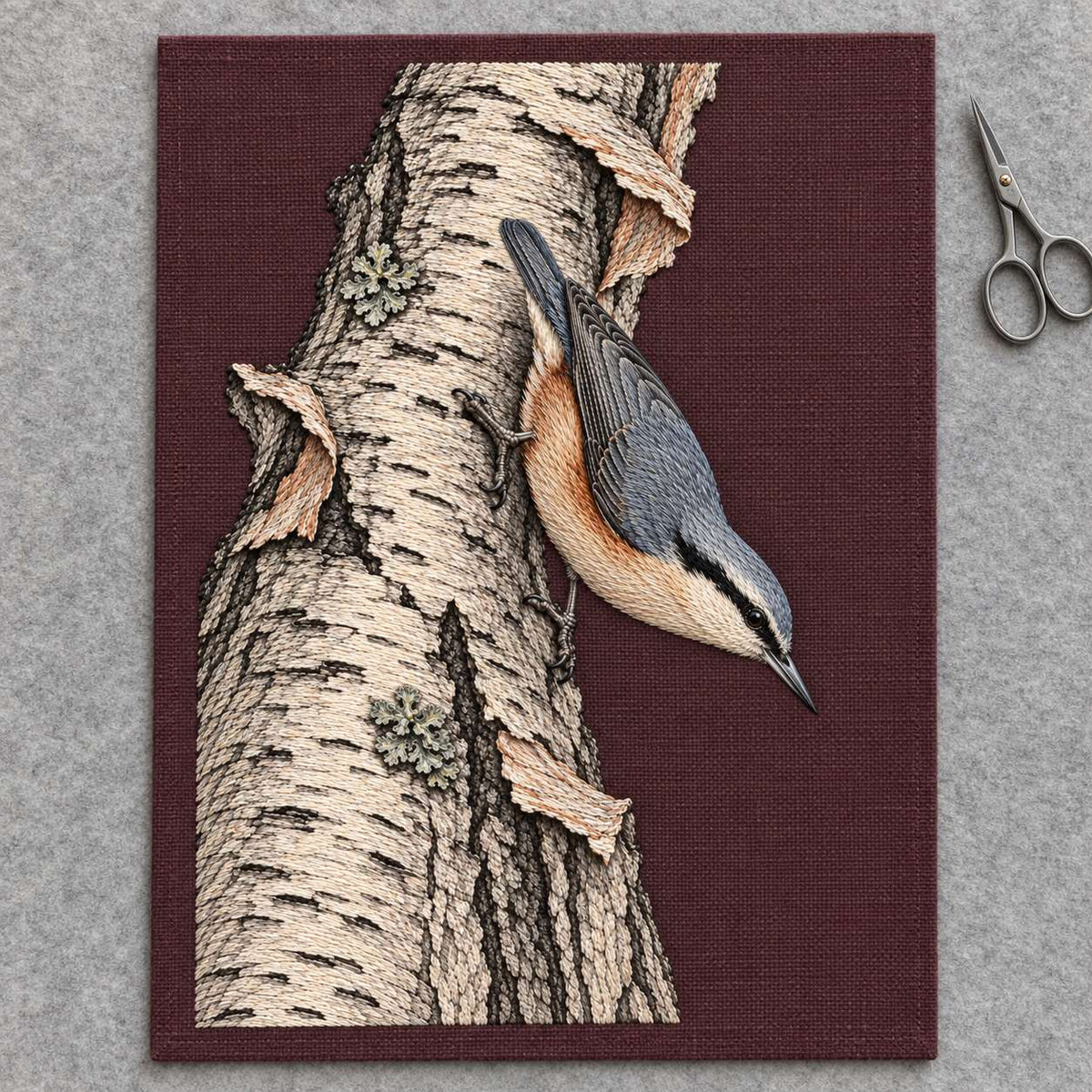Nuthatch Descending the Silver Bark visual mockup shown as a textile panel on a stone platform, with the design on muted burgundy linen.