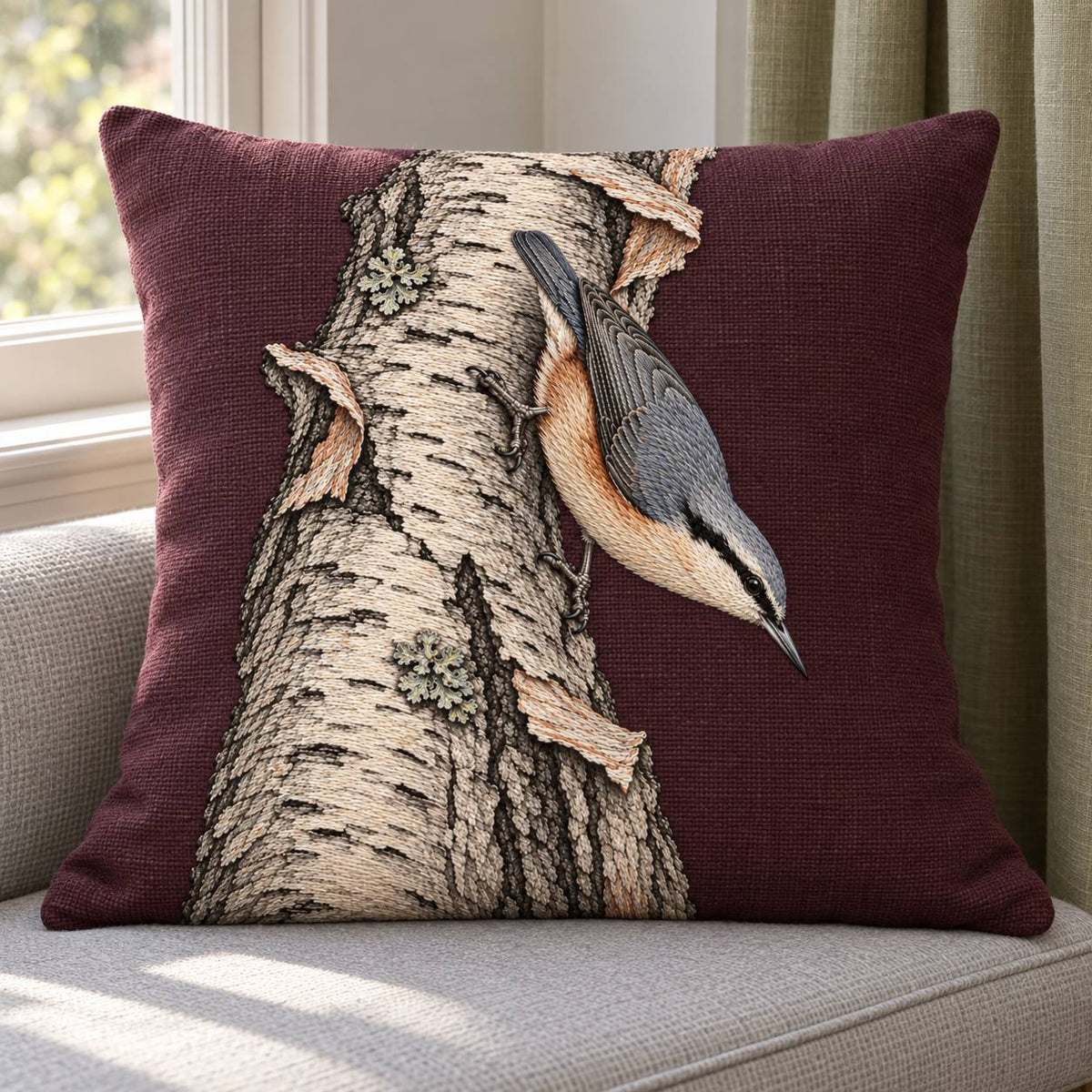 Nuthatch Descending the Silver Bark visual mockup shown on a cushion beside a window, with the design on muted burgundy linen.