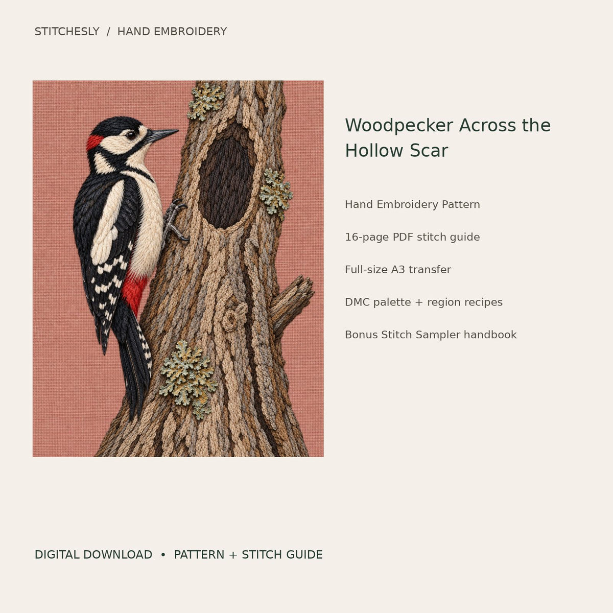 Woodpecker Across the Hollow Scar: digital hand embroidery pattern cover with artwork and included files