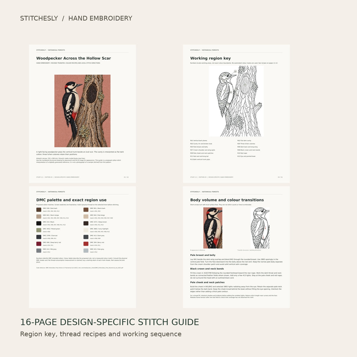 Woodpecker Across the Hollow Scar: preview of the 16-page stitch guide, region key, DMC palette and stitching instructions