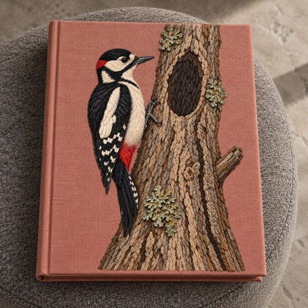 Woodpecker Across the Hollow Scar visual mockup shown on a cloth portfolio cover, with the design on muted dusty-rose linen.