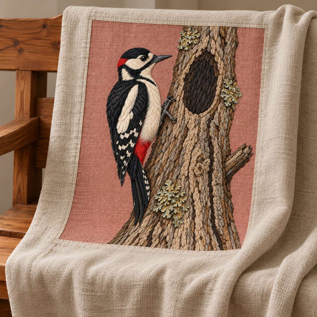Woodpecker Across the Hollow Scar visual mockup shown on a textile runner over a console, with the design on muted dusty-rose linen.
