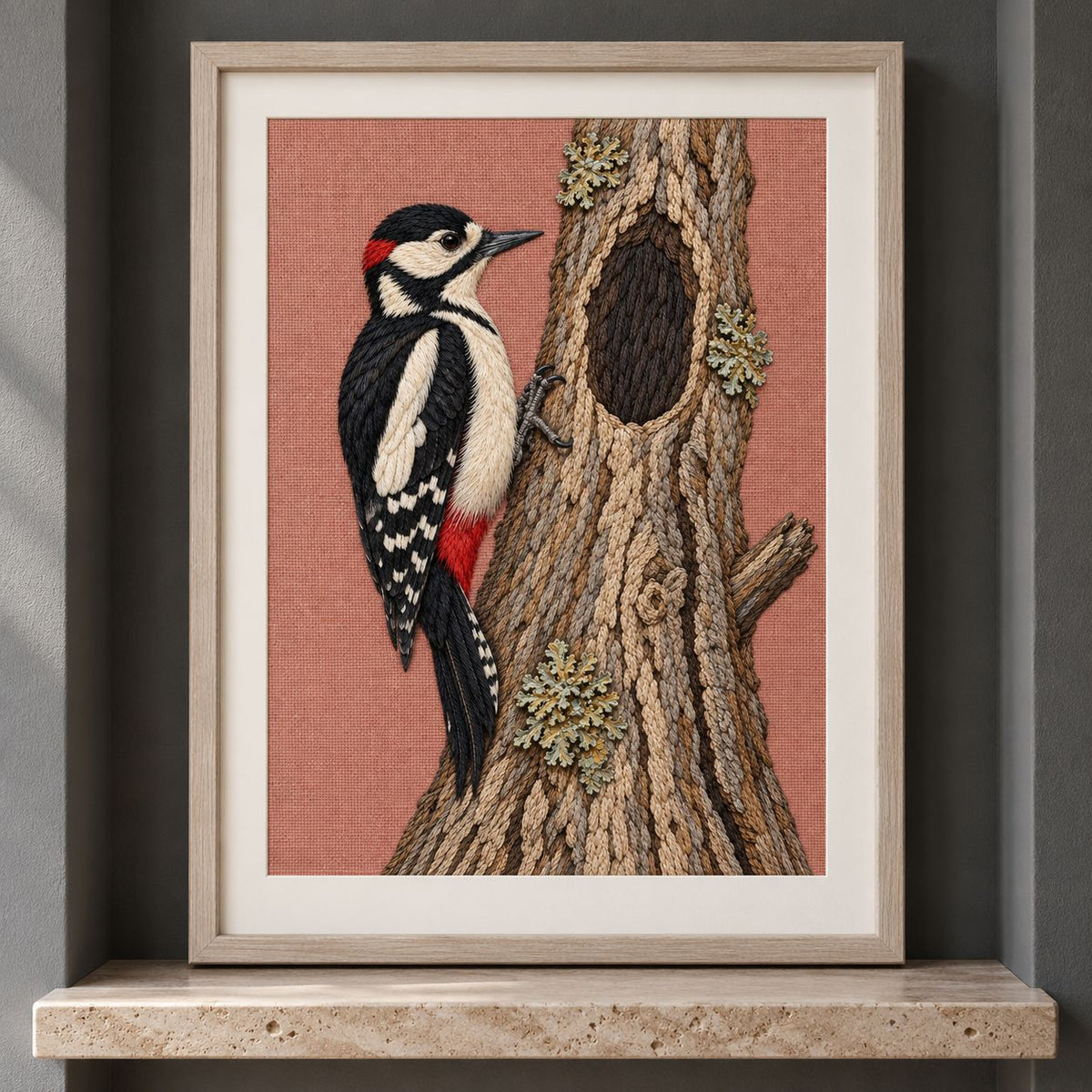 Woodpecker Across the Hollow Scar visual mockup shown as a framed textile in a gallery niche, with the design on muted dusty-rose linen.