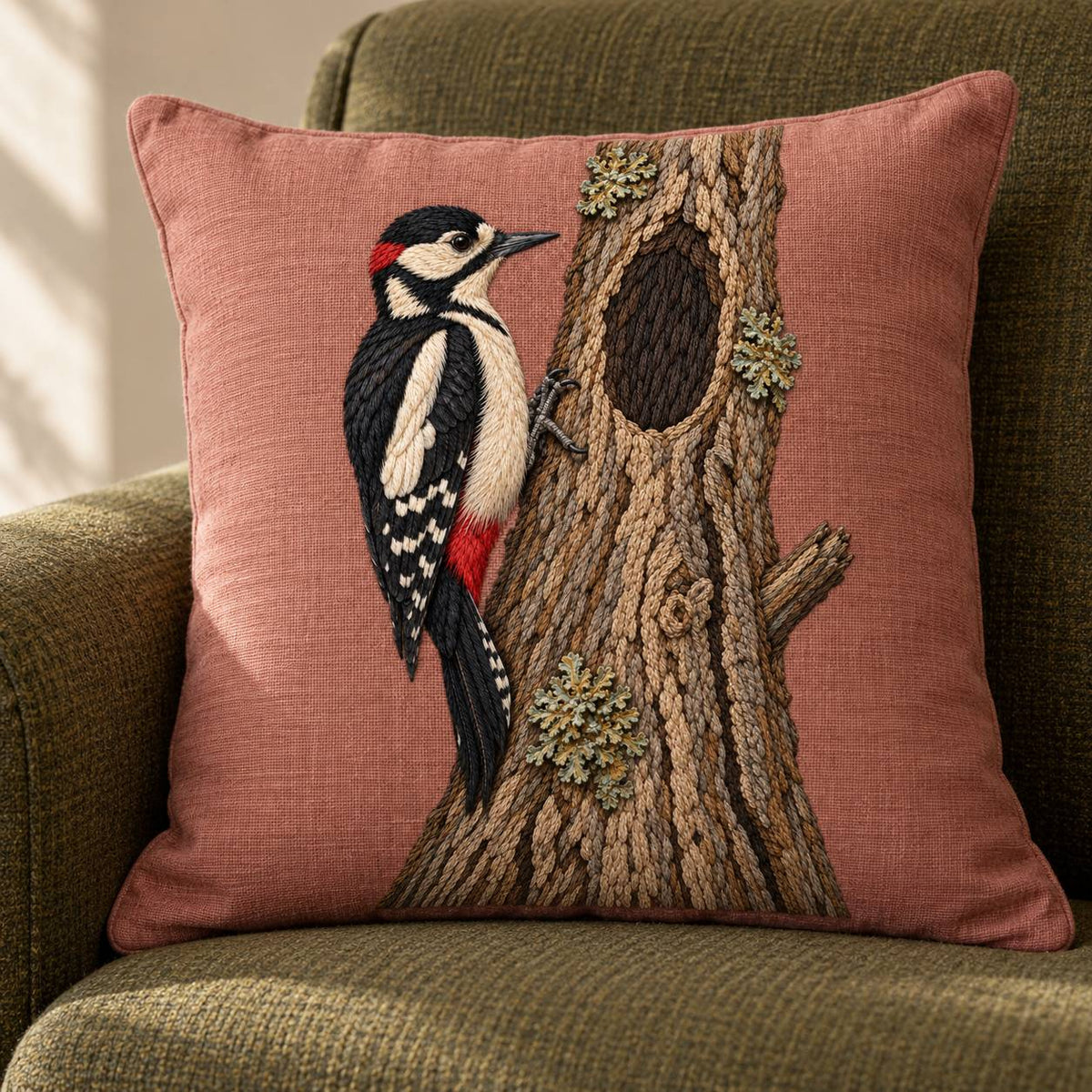 Woodpecker Across the Hollow Scar visual mockup shown on a cushion in a lounge chair, with the design on muted dusty-rose linen.