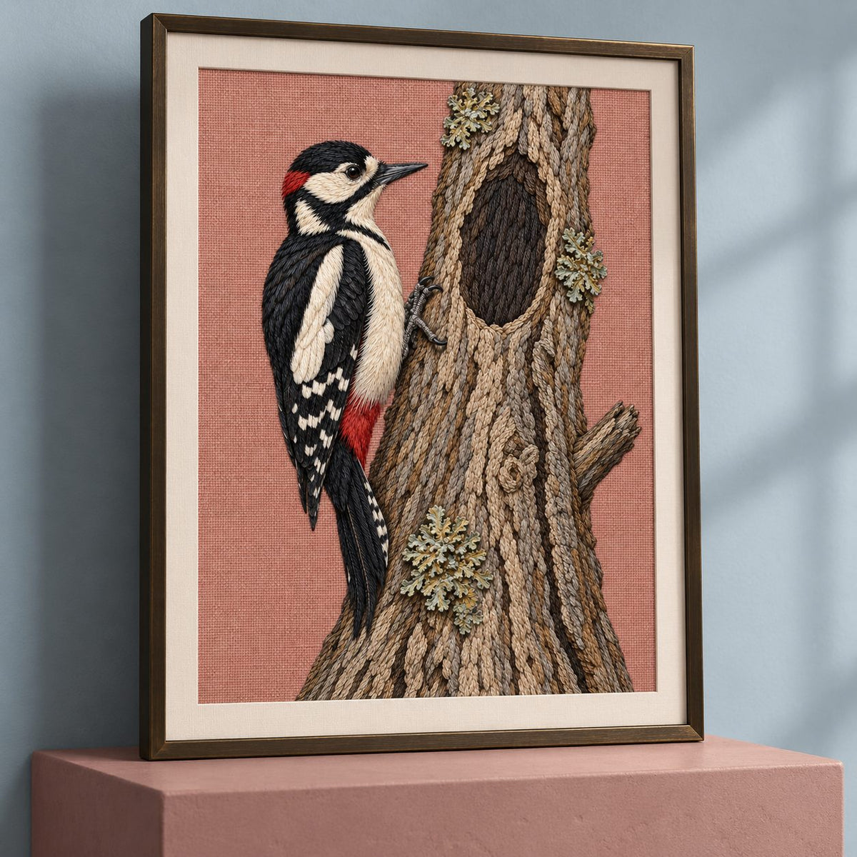 Woodpecker Across the Hollow Scar visual mockup shown in a frame leaning on a mantel, with the design on muted dusty-rose linen.