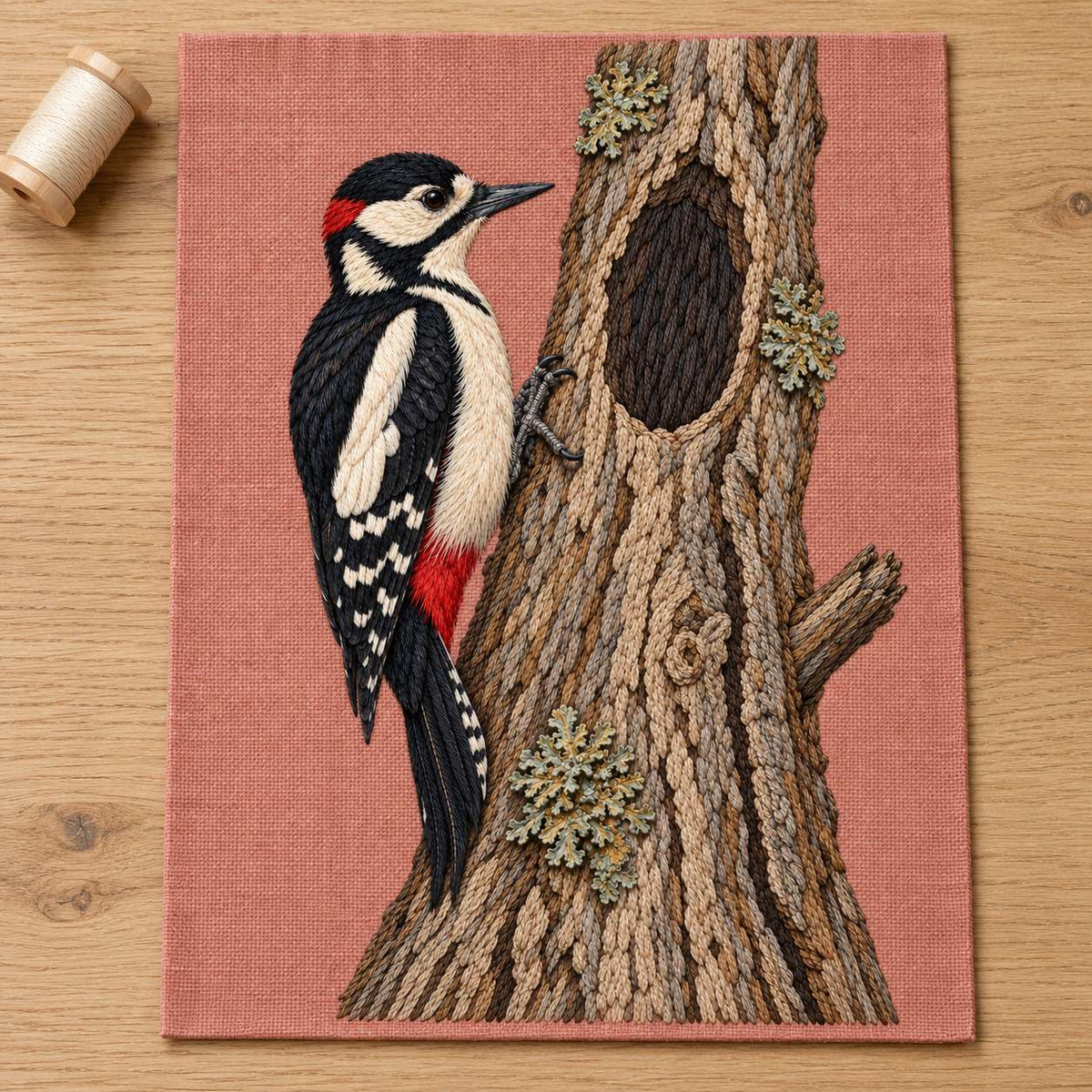 Woodpecker Across the Hollow Scar visual mockup shown as a textile panel on a stone platform, with the design on muted dusty-rose linen.