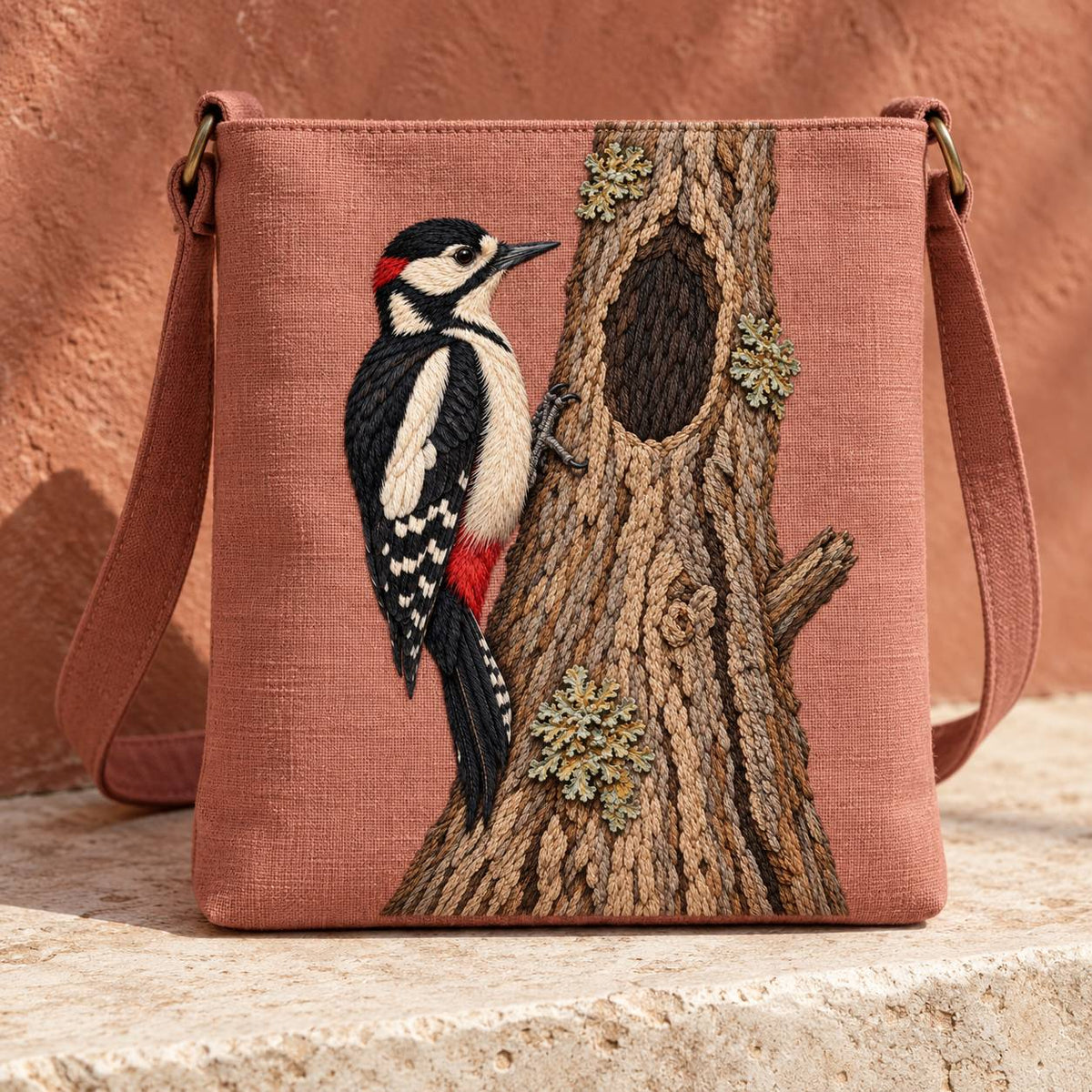 Woodpecker Across the Hollow Scar visual mockup shown on the front of a structured linen tote, with the design on muted dusty-rose linen.