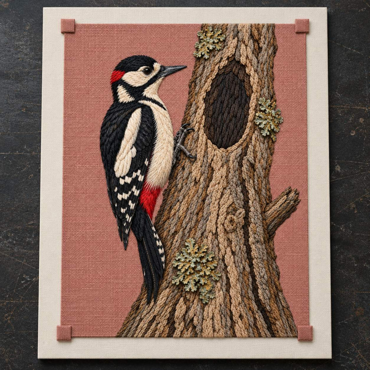Woodpecker Across the Hollow Scar visual mockup shown as a textile panel in a collection tray, with the design on muted dusty-rose linen.