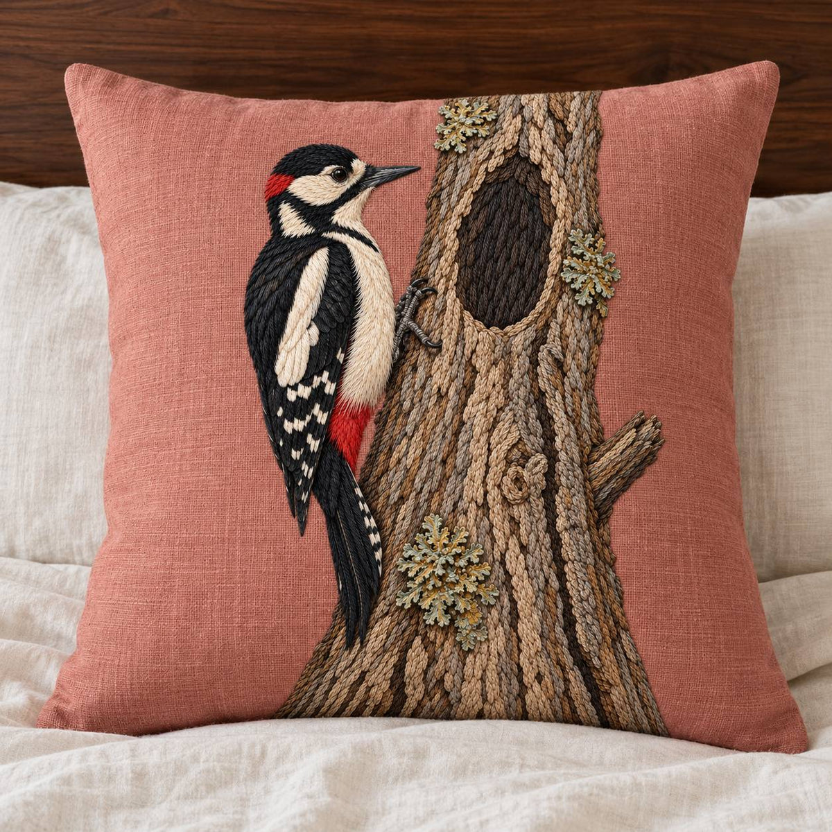 Woodpecker Across the Hollow Scar visual mockup shown on a cushion beside a window, with the design on muted dusty-rose linen.
