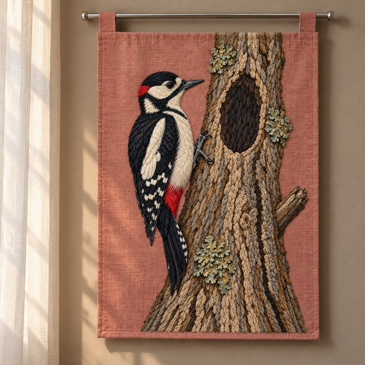 Woodpecker Across the Hollow Scar visual mockup shown as a hanging textile held by wooden rails, with the design on muted dusty-rose linen.