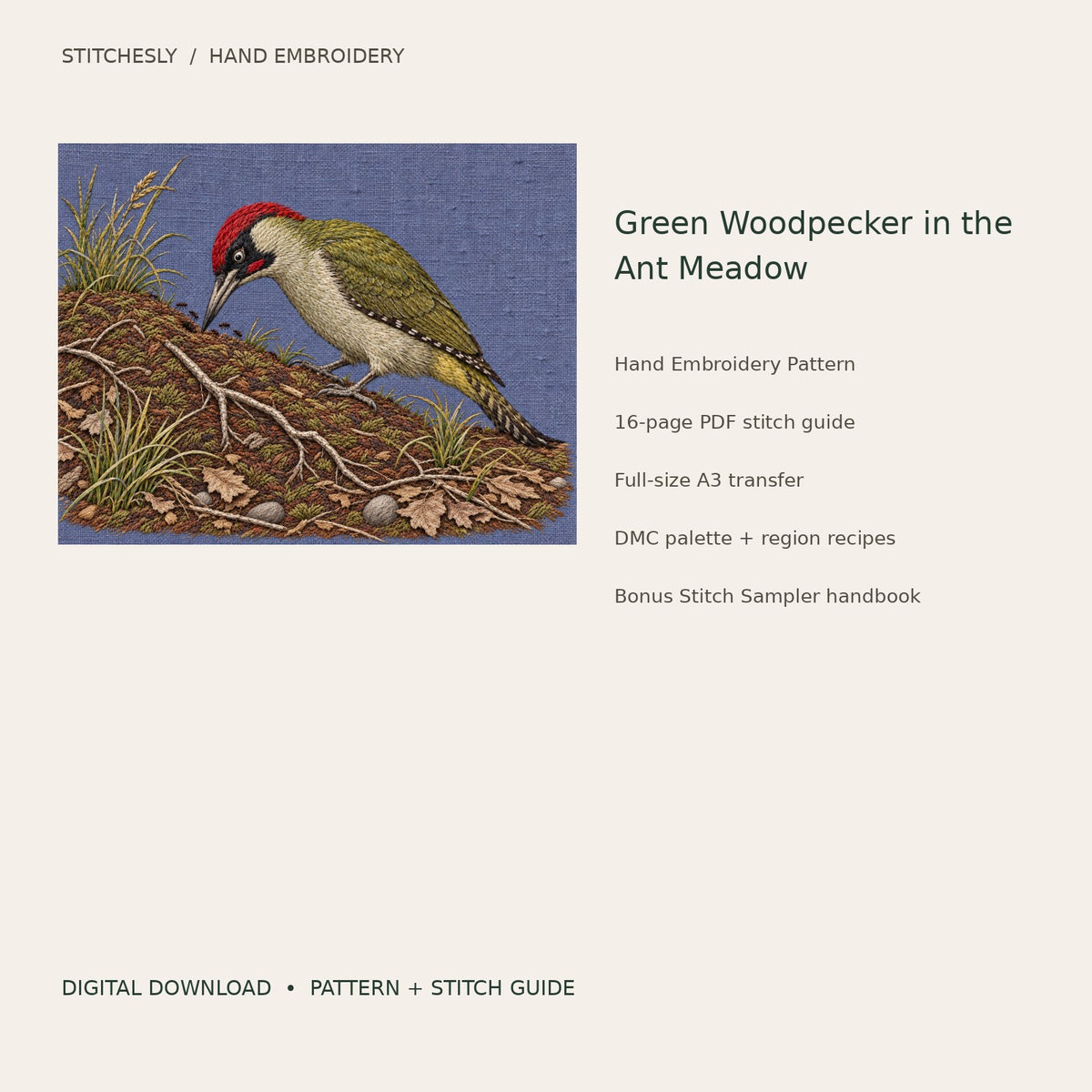 Green Woodpecker in the Ant Meadow: digital hand embroidery pattern cover with artwork and included files