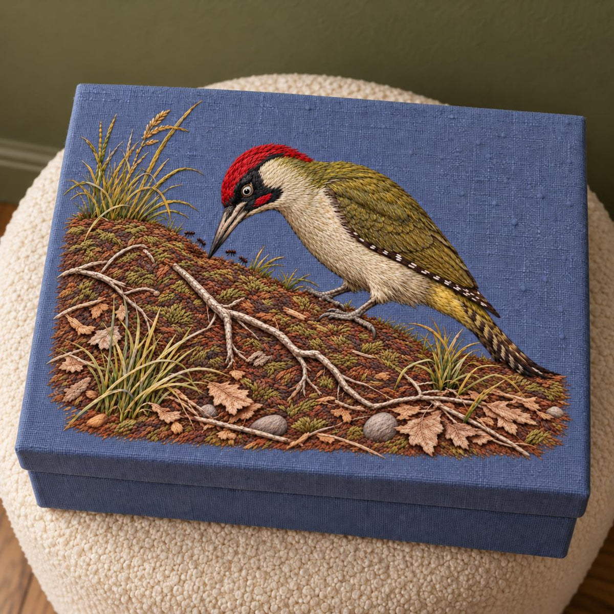 Green Woodpecker in the Ant Meadow visual mockup shown on a cloth portfolio cover, with the design on muted slate-blue linen.