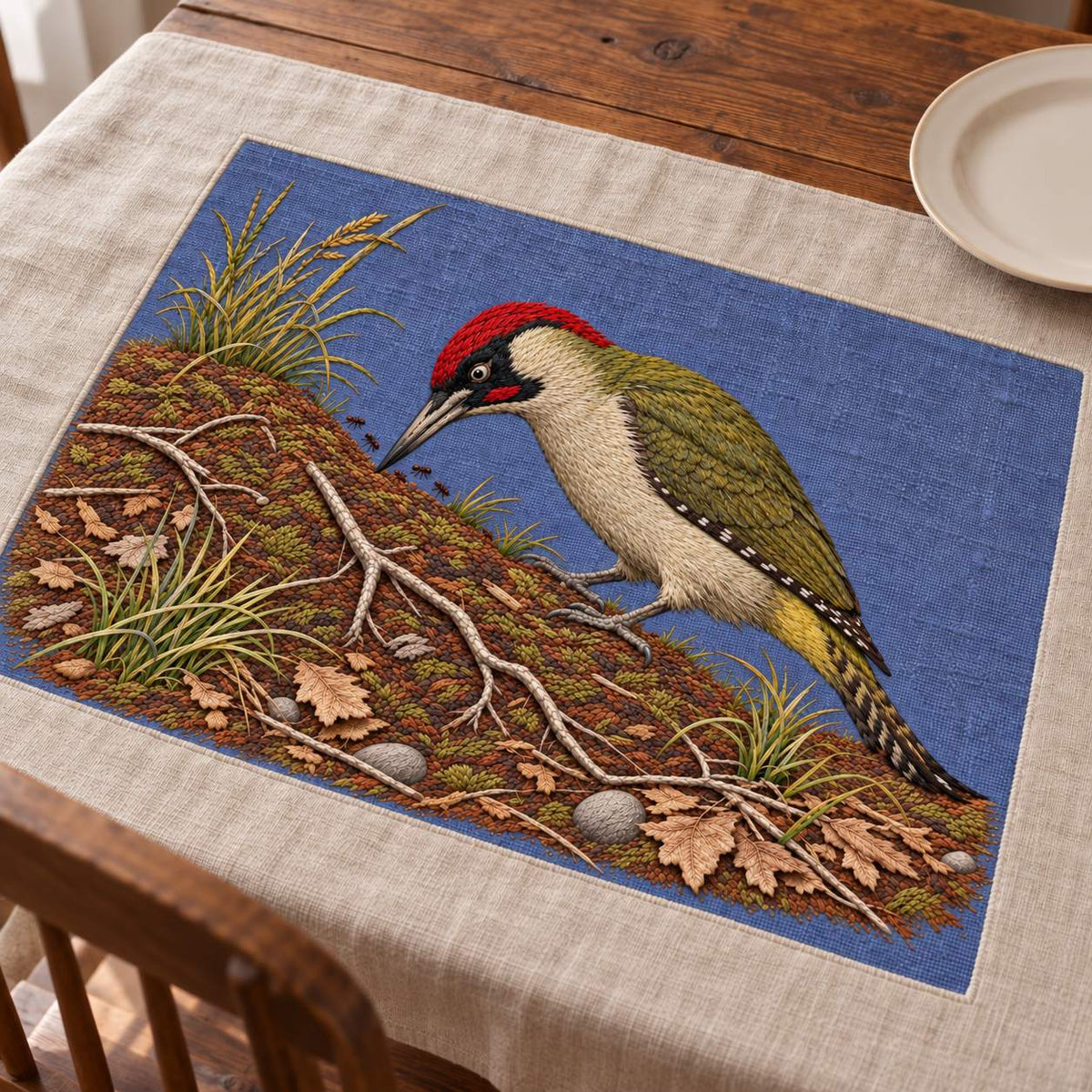 Green Woodpecker in the Ant Meadow visual mockup shown on a textile runner over a console, with the design on muted slate-blue linen.