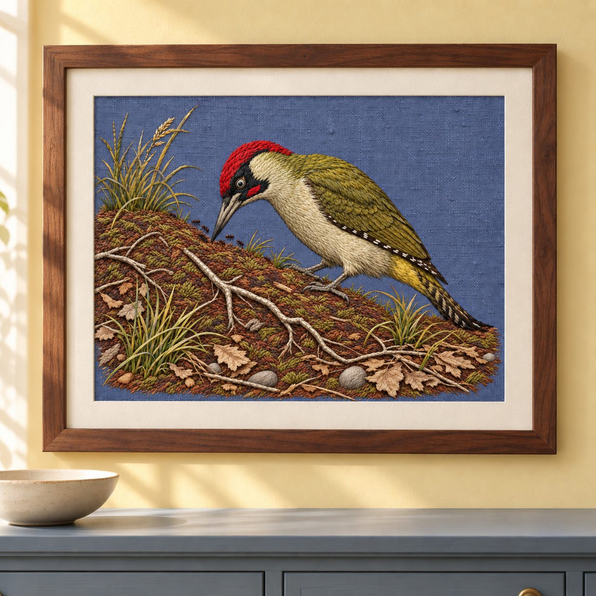 Green Woodpecker in the Ant Meadow visual mockup shown as a framed textile in a gallery niche, with the design on muted slate-blue linen.