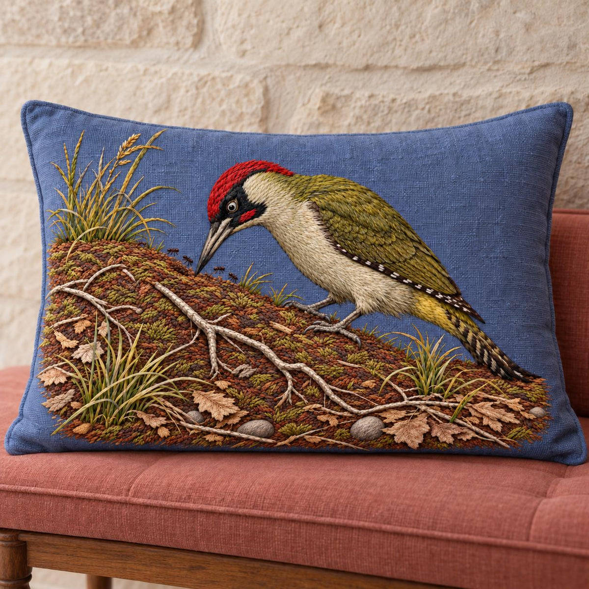 Green Woodpecker in the Ant Meadow visual mockup shown on a cushion in a lounge chair, with the design on muted slate-blue linen.