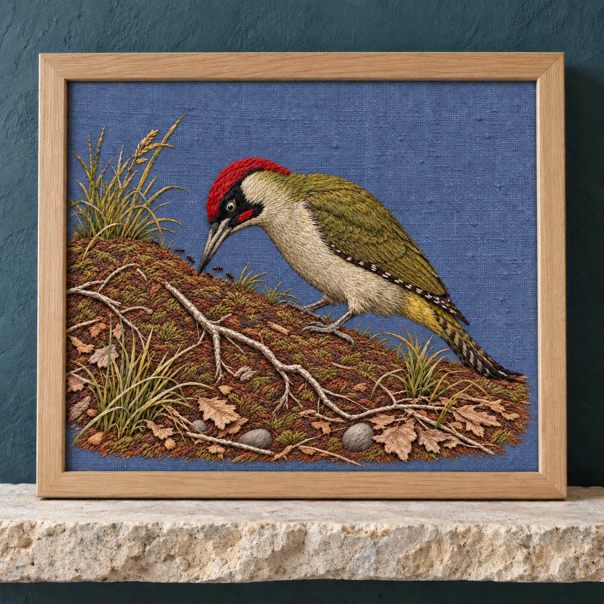 Green Woodpecker in the Ant Meadow visual mockup shown in a frame leaning on a mantel, with the design on muted slate-blue linen.