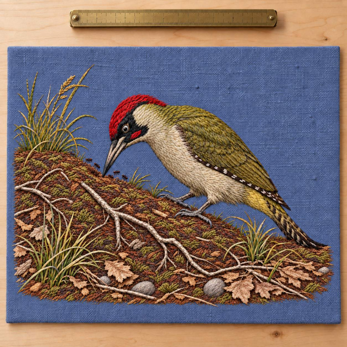 Green Woodpecker in the Ant Meadow visual mockup shown as a textile panel on a stone platform, with the design on muted slate-blue linen.