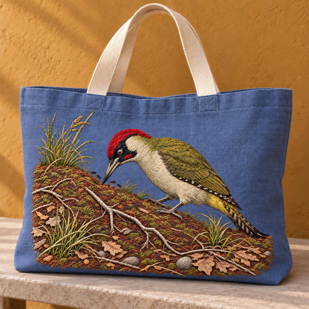 Green Woodpecker in the Ant Meadow visual mockup shown on the front of a structured linen tote, with the design on muted slate-blue linen.
