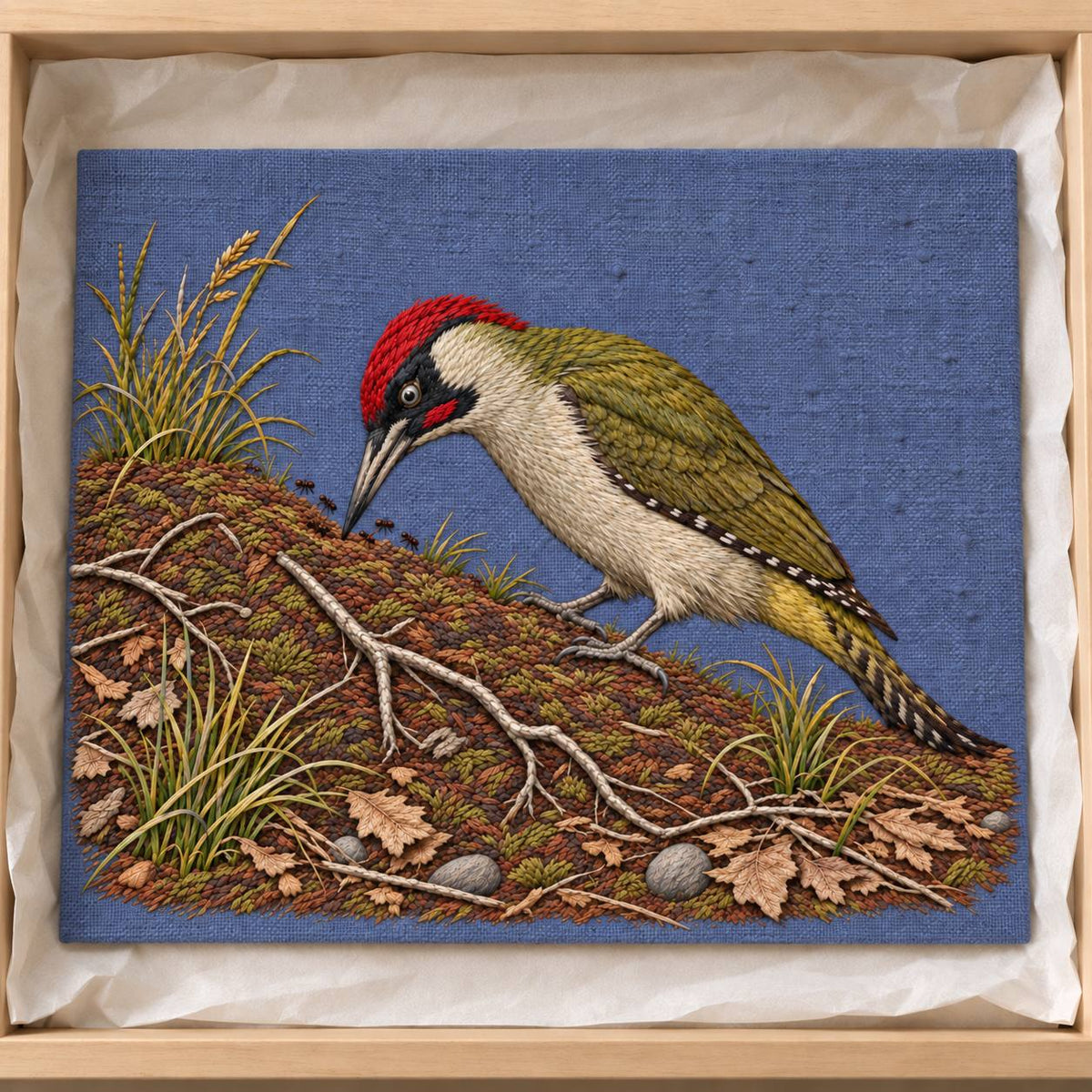 Green Woodpecker in the Ant Meadow visual mockup shown as a textile panel in a collection tray, with the design on muted slate-blue linen.