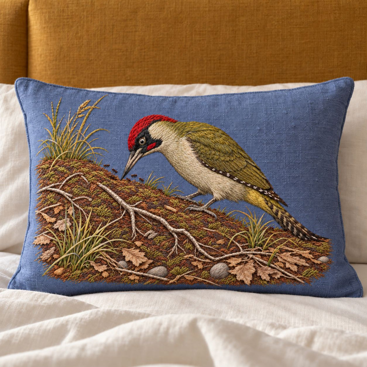 Green Woodpecker in the Ant Meadow visual mockup shown on a cushion beside a window, with the design on muted slate-blue linen.
