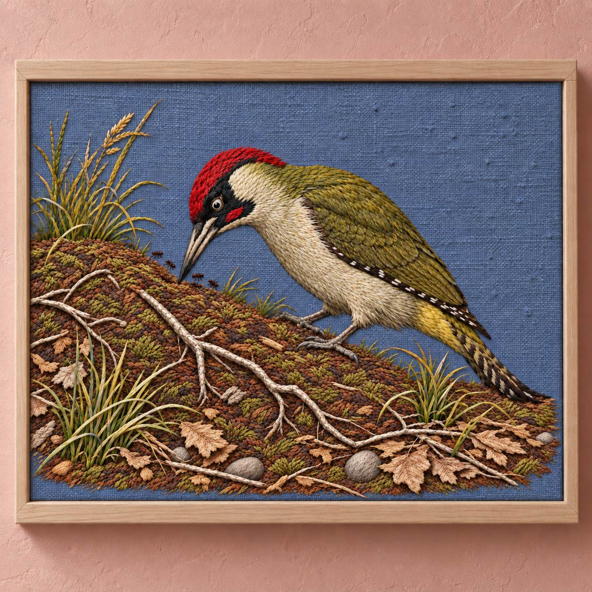 Green Woodpecker in the Ant Meadow visual mockup shown as a hanging textile held by wooden rails, with the design on muted slate-blue linen.