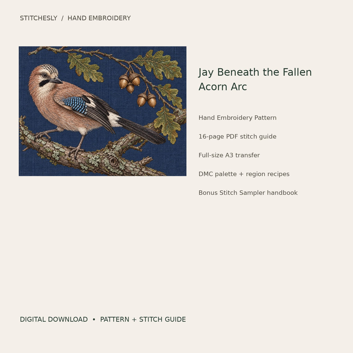 Jay Beneath the Fallen Acorn Arc: digital hand embroidery pattern cover with artwork and included files