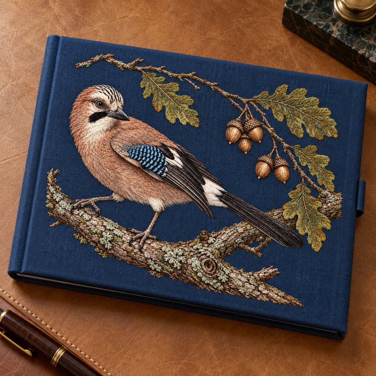 Jay Beneath the Fallen Acorn Arc visual mockup shown on a cloth portfolio cover, with the design on deep ink-blue linen.