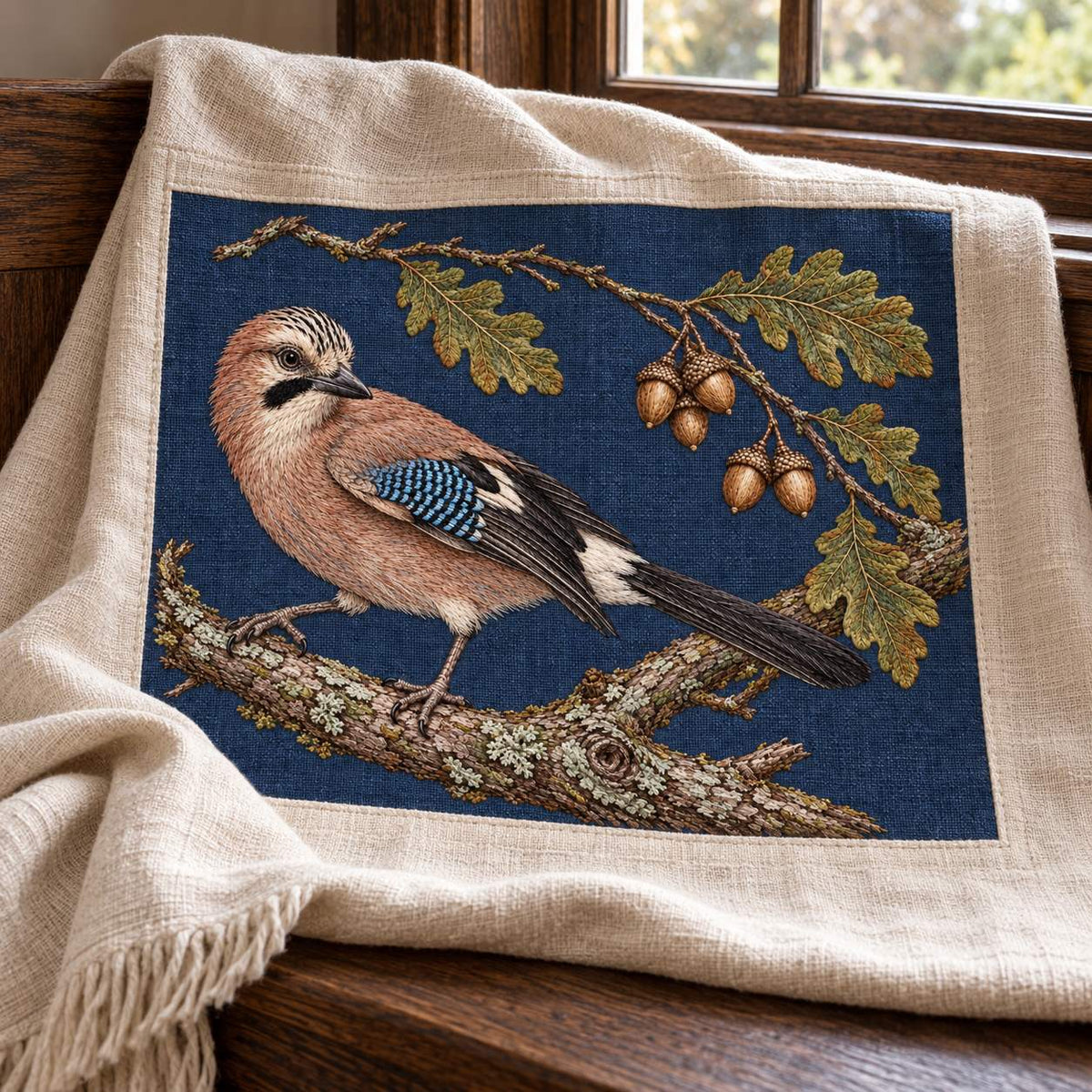 Jay Beneath the Fallen Acorn Arc visual mockup shown on a textile runner over a console, with the design on deep ink-blue linen.