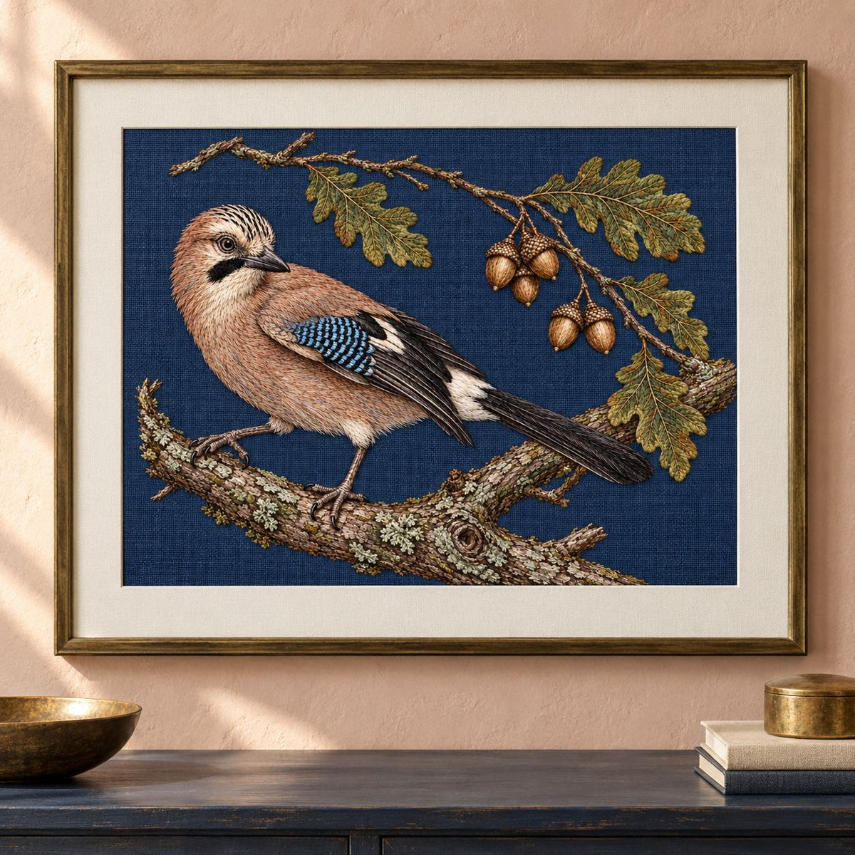 Jay Beneath the Fallen Acorn Arc visual mockup shown as a framed textile in a gallery niche, with the design on deep ink-blue linen.