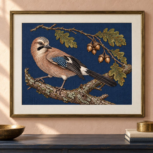 Jay Beneath the Fallen Acorn Arc visual mockup shown as a framed textile in a gallery niche, with the design on deep ink-blue linen.