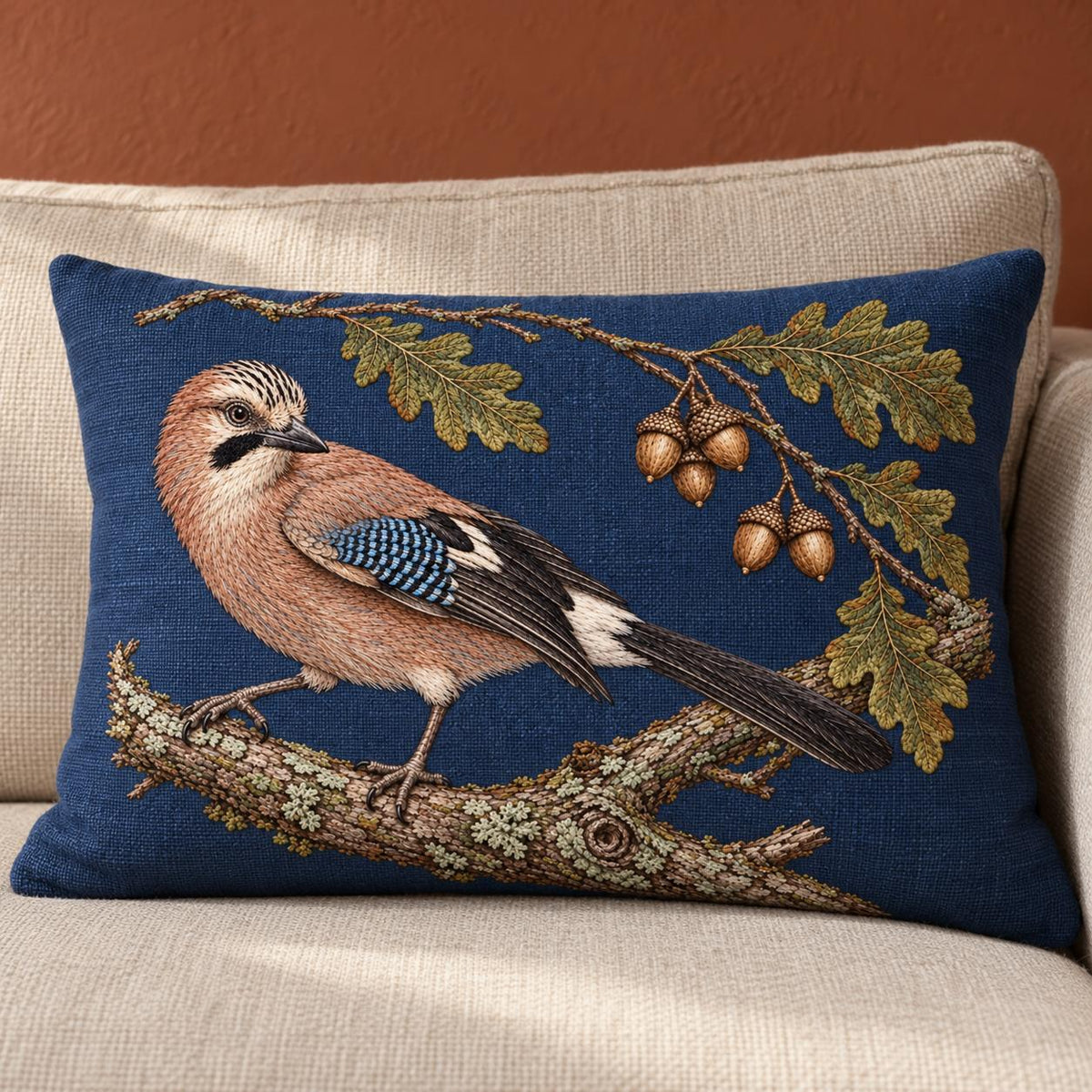 Jay Beneath the Fallen Acorn Arc visual mockup shown on a cushion in a lounge chair, with the design on deep ink-blue linen.