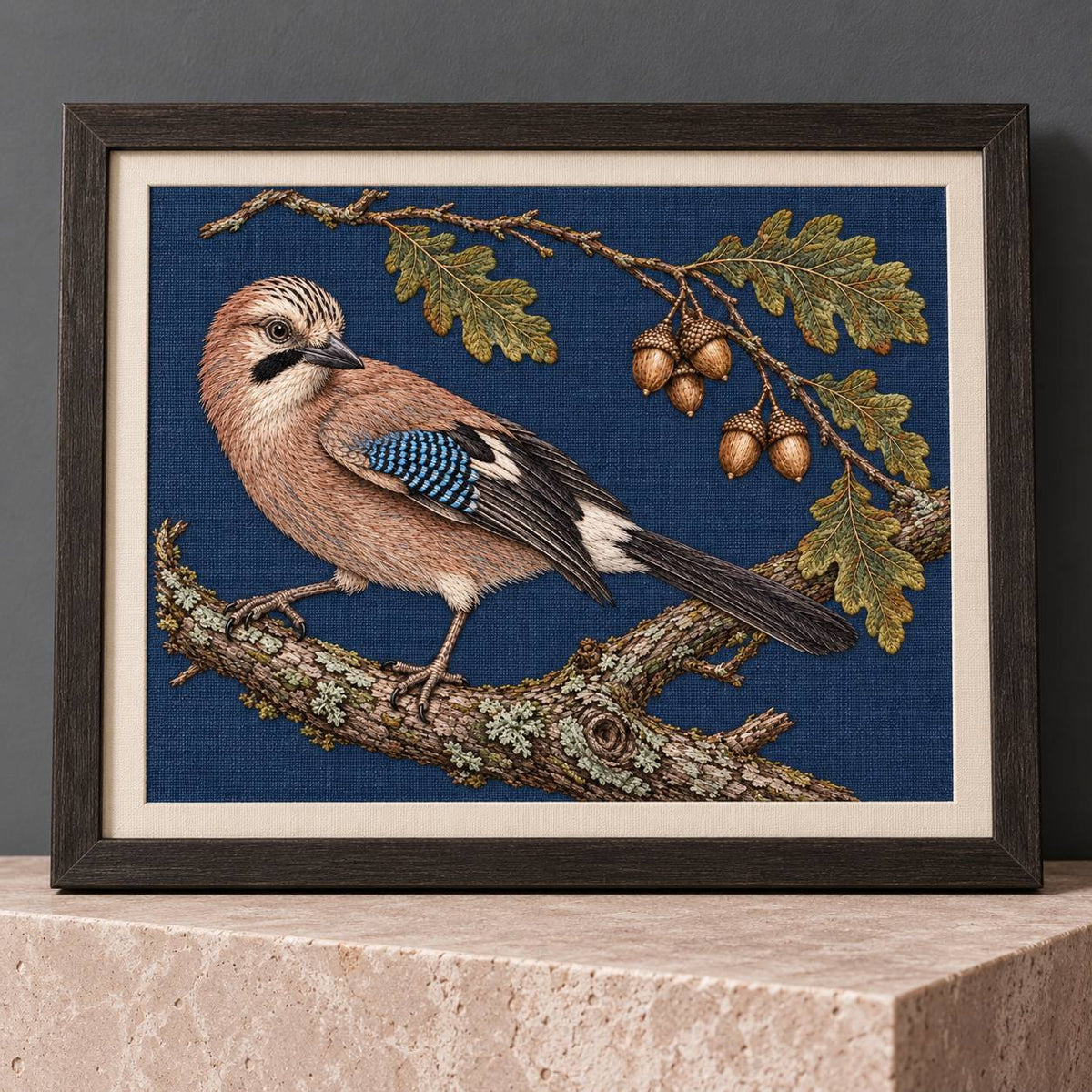 Jay Beneath the Fallen Acorn Arc visual mockup shown in a frame leaning on a mantel, with the design on deep ink-blue linen.