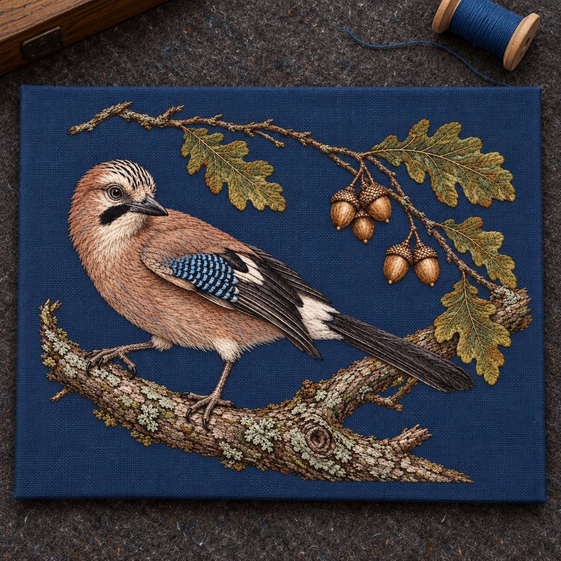 Jay Beneath the Fallen Acorn Arc visual mockup shown as a textile panel on a stone platform, with the design on deep ink-blue linen.