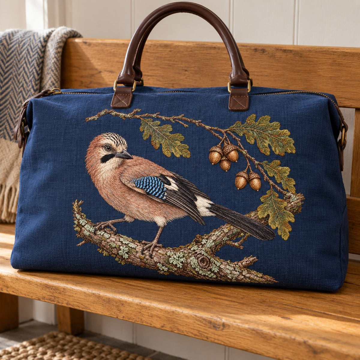 Jay Beneath the Fallen Acorn Arc visual mockup shown on the front of a structured linen tote, with the design on deep ink-blue linen.