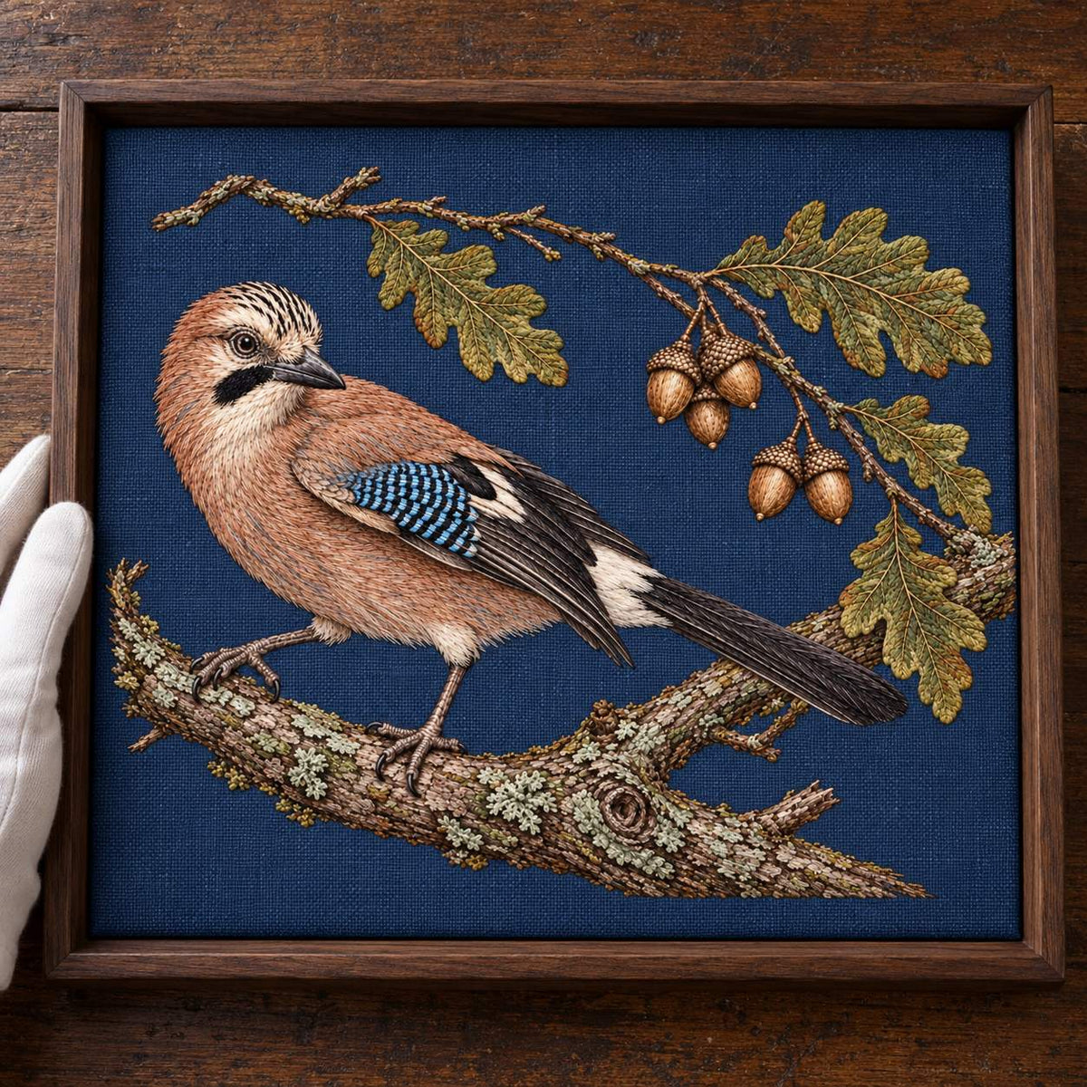 Jay Beneath the Fallen Acorn Arc visual mockup shown as a textile panel in a collection tray, with the design on deep ink-blue linen.