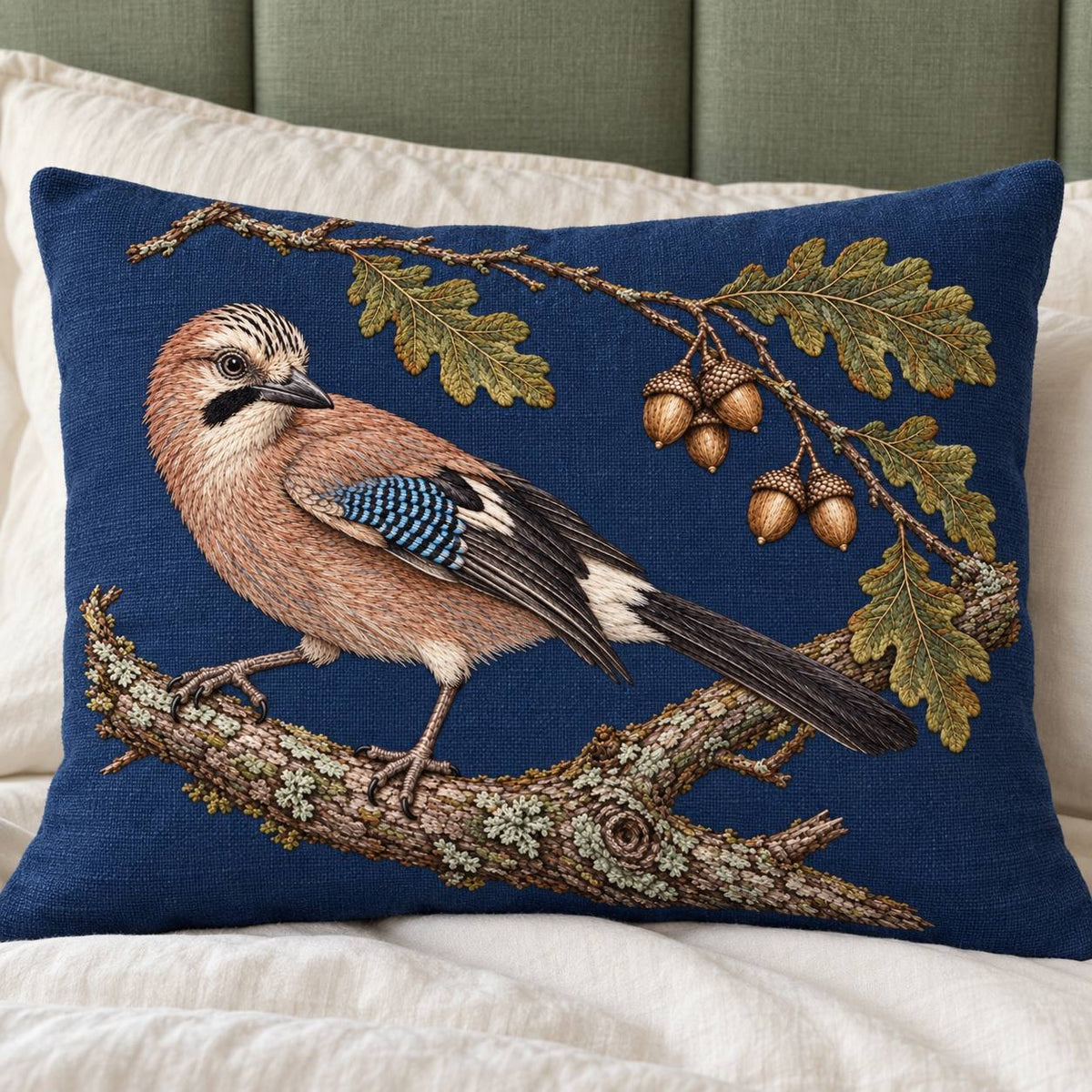 Jay Beneath the Fallen Acorn Arc visual mockup shown on a cushion beside a window, with the design on deep ink-blue linen.