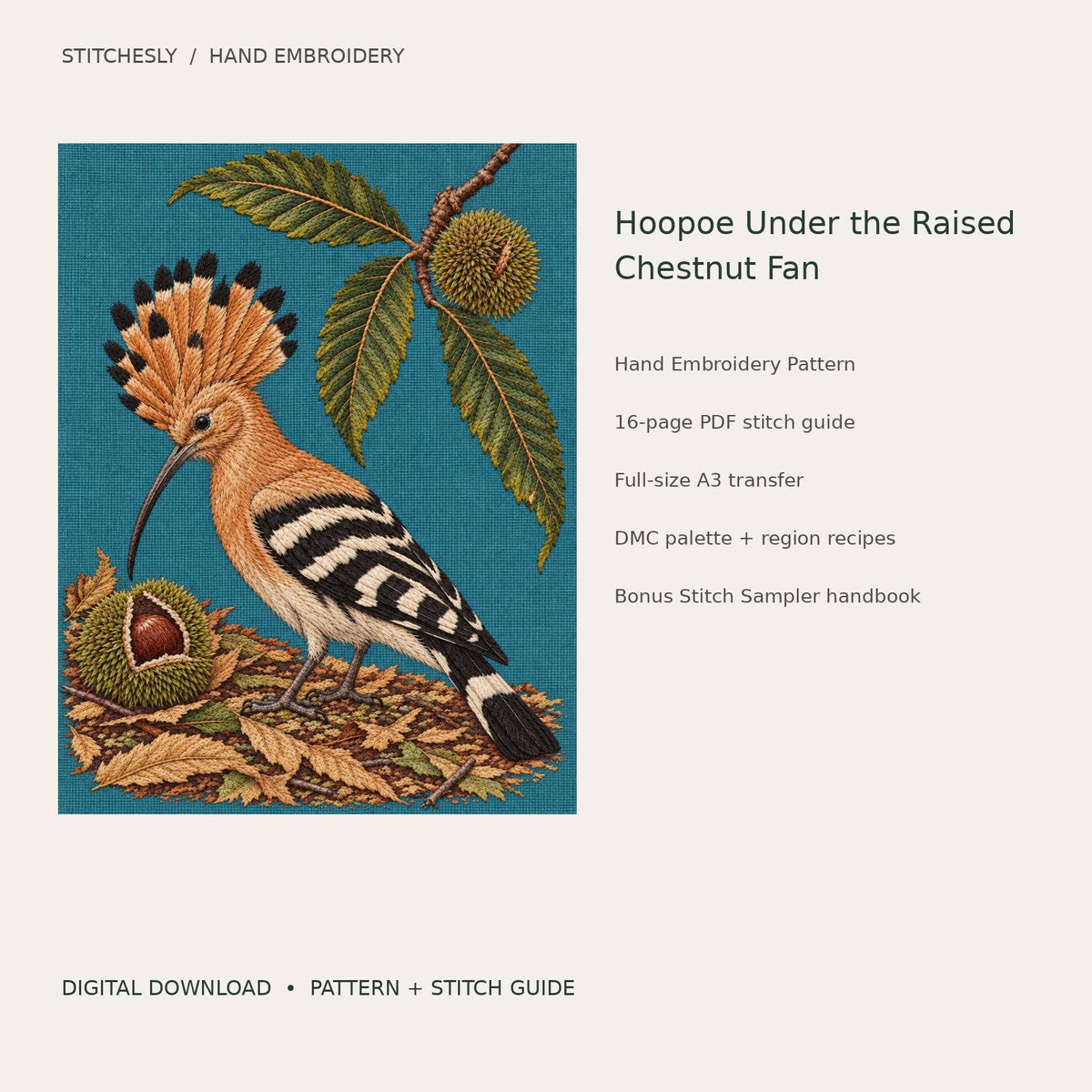 Hoopoe Under the Raised Chestnut Fan: digital hand embroidery pattern cover with artwork and included files
