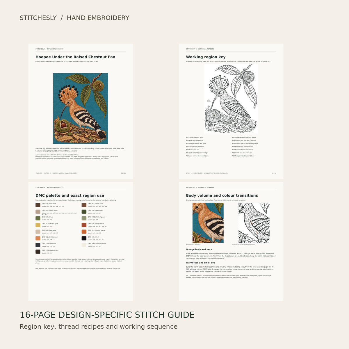 Hoopoe Under the Raised Chestnut Fan: preview of the 16-page stitch guide, region key, DMC palette and stitching instructions