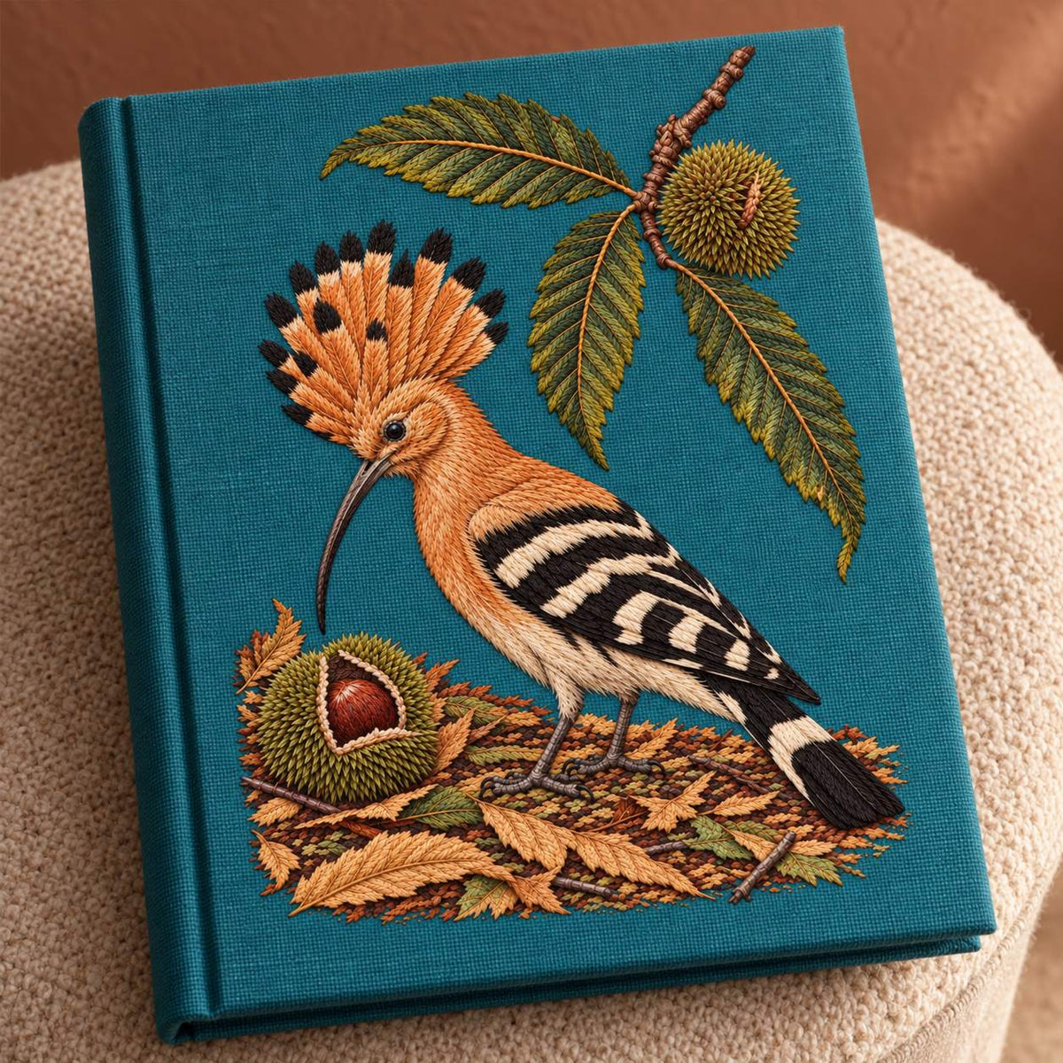 Hoopoe Under the Raised Chestnut Fan visual mockup shown on a cloth portfolio cover, with the design on muted teal linen.